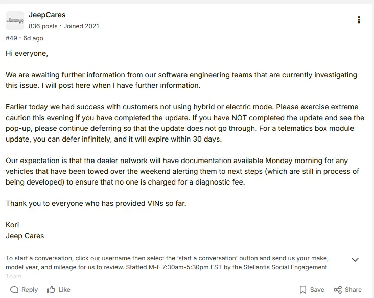 Jeep Cares post from 4xeforums.com