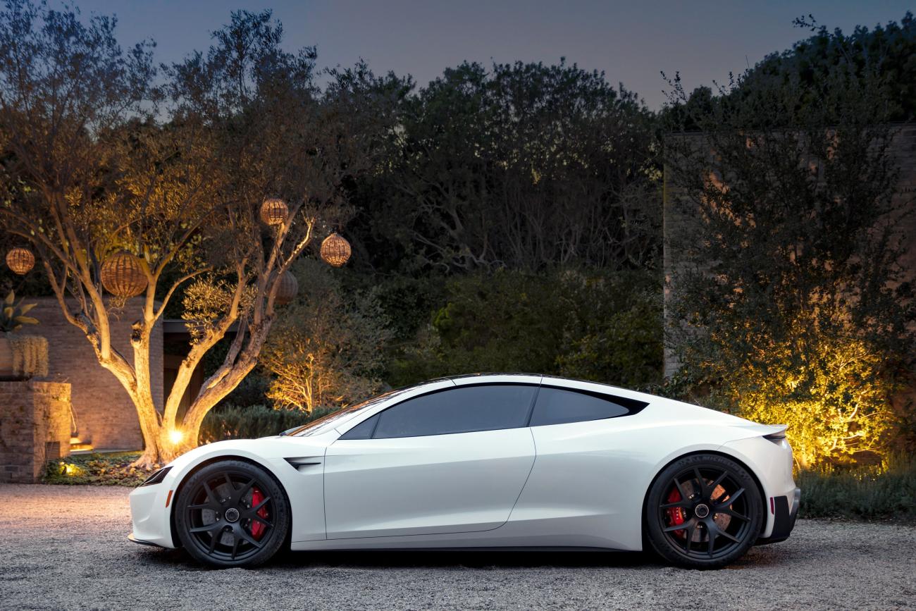 White Tesla Roadster prototype on display