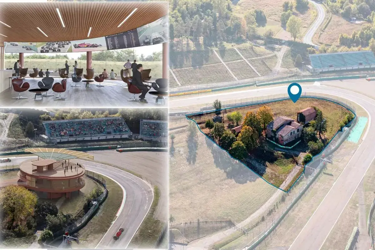 Rendering of hospitality space replacing house at Imola's Tosa hairpin.